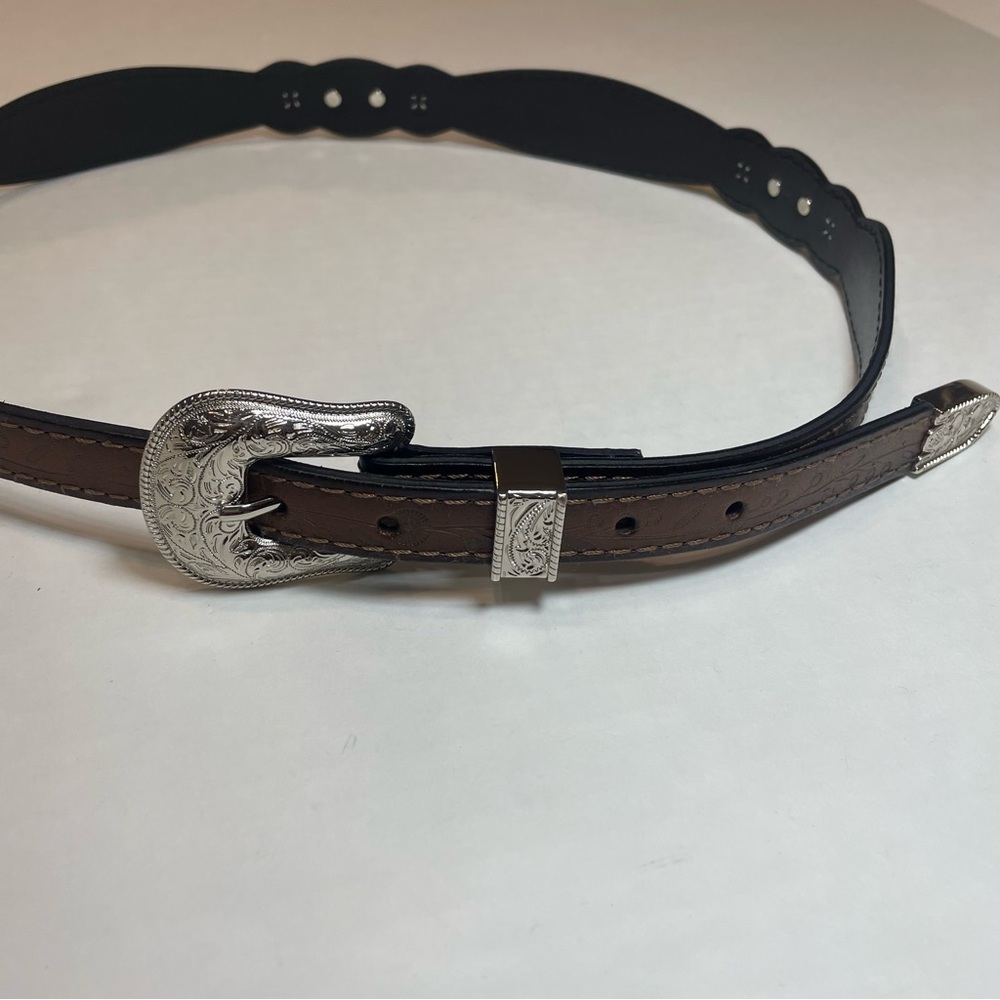 Belt women’s western with silver accents. Floral etched design.  43” long. Used. - Picture 8 of 8
